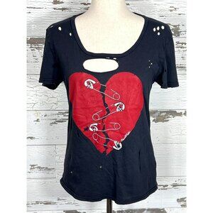 LAUREN MOSHI Myra Safety Pin Heart Short Sleeve Tee Black/Red Sz XS EUC